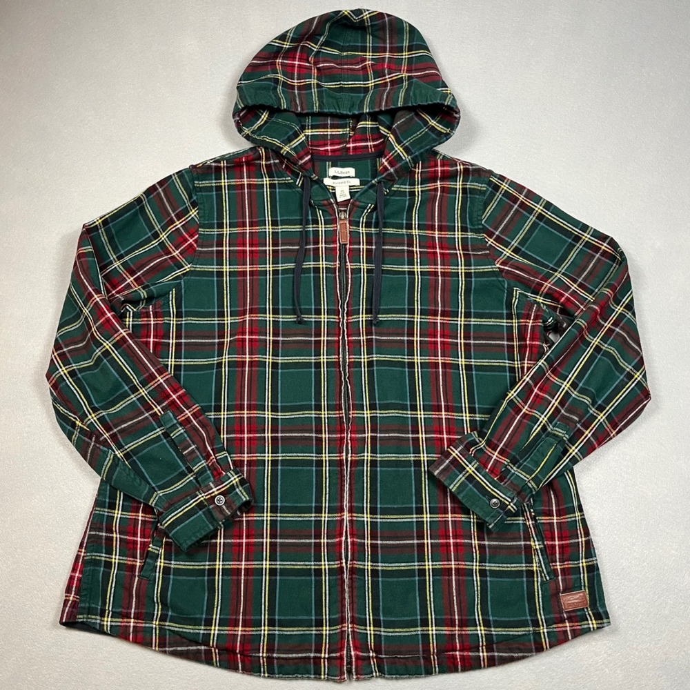 LL Bean Hooded Flannel Shacket Jacket 1X Plus Full Zip Scotch Plaid Pockets Cozy